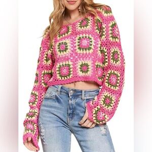 PINK Granny Square Cropped Crochet Sweater